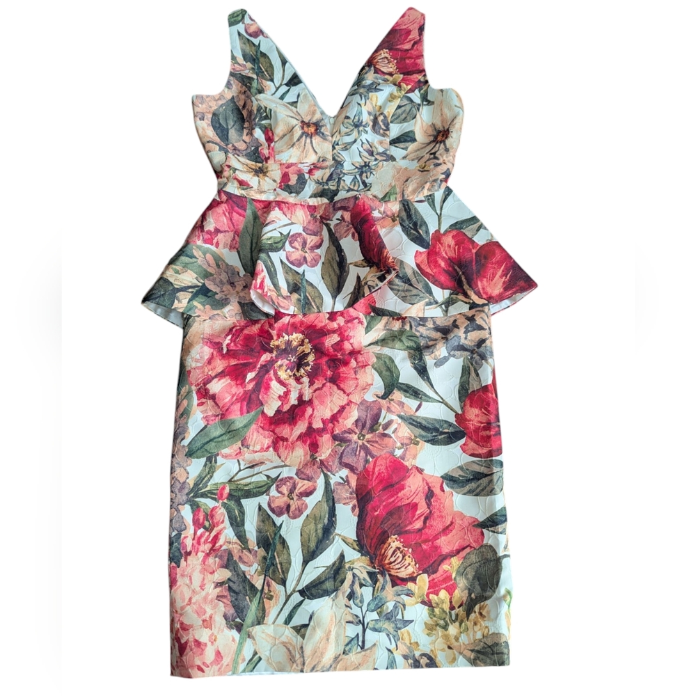 LUCIAN MATIS 3D Floral Print Embossed Peplum Midi Dress